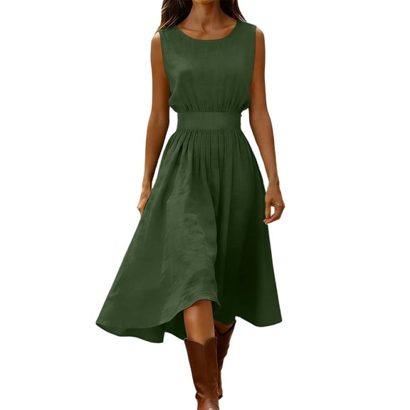 Iyufng Summer Maxi Dress for Women Cotton-Linen Waist-Cinched Dress
