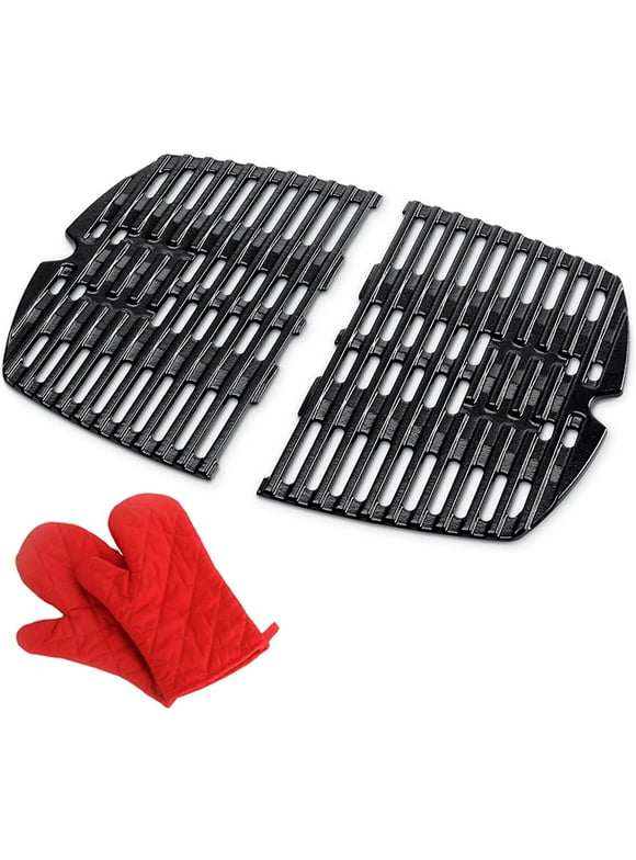 Weber 7644 Cast Iron Cooking Grates for Weber Q 100/1000 Series Grills Bundle with Deco Essentials Pair of Red Heat Resistant Oven Mitt