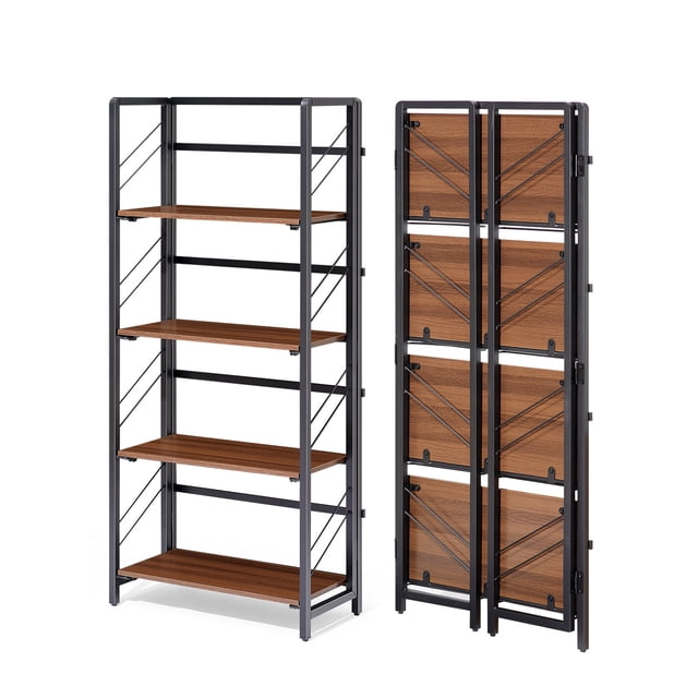 DSstyles 4-Tier Folding Office Bookshelf No Assembly Needed - Storage Rack Vintage Metal No Assembly Needed Space-Saving Brown