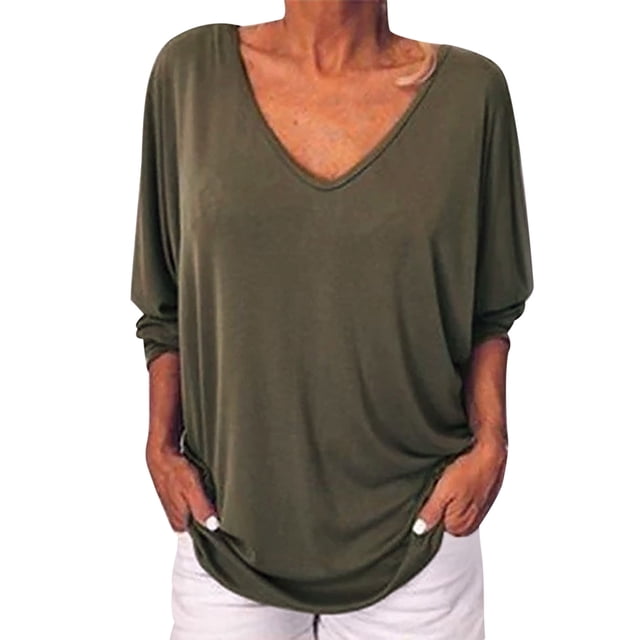 Tops de color sólido de manga 3/4 de murciélago con cuello en V de moda de verano para mujer Fridja hj423