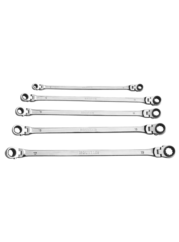 Mountain 5-Piece Metric Double Box Universal Spline Reversible Ratcheting Wrench Set; 8 mm - 18mm, 90 Tooth Design, Long, Flexible, Reversible