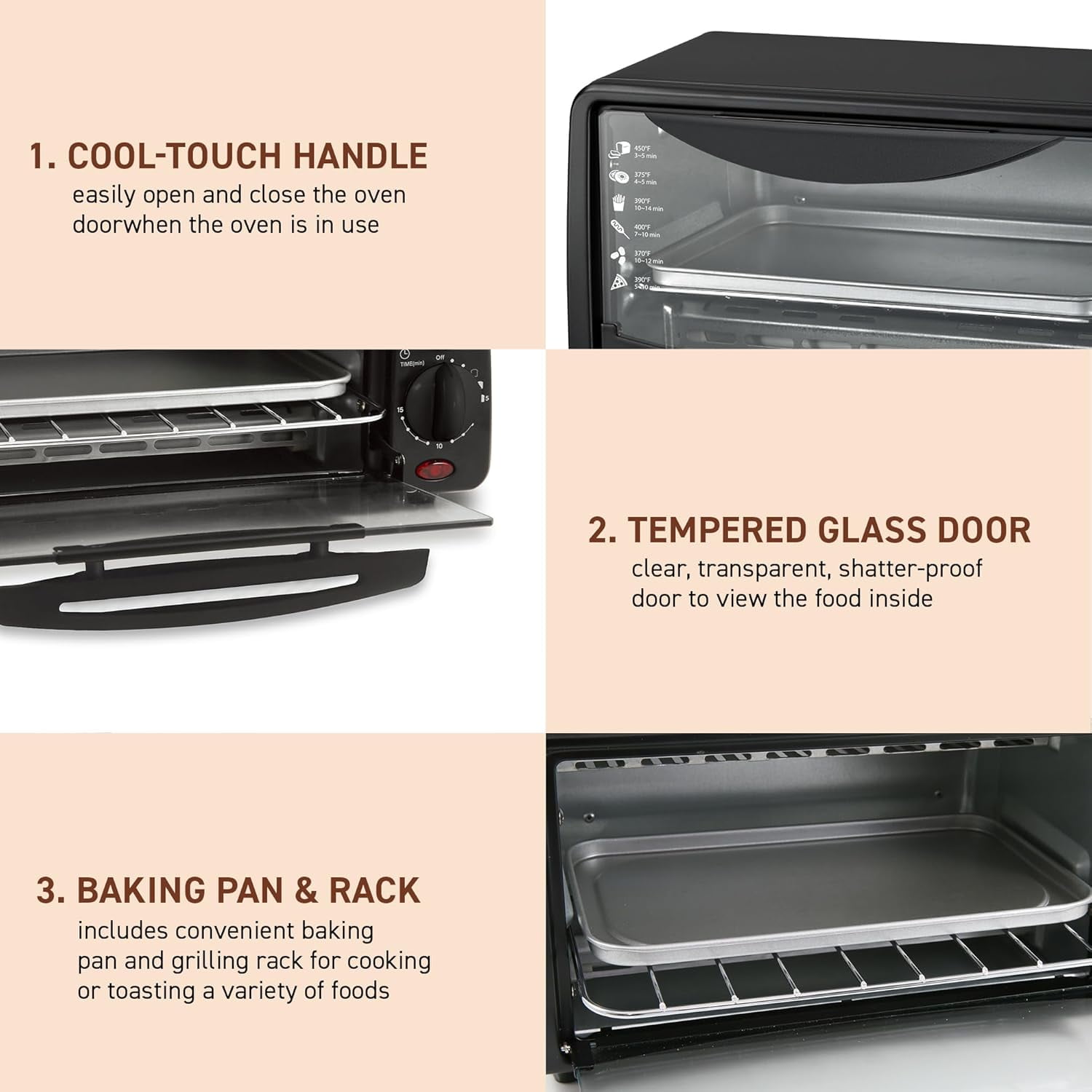 Small 2 Slice Toaster Oven with Wire Rack, Non-Stick Pan, 650W Even Heating, Timer & Temperature Control for Quick Meals, Black