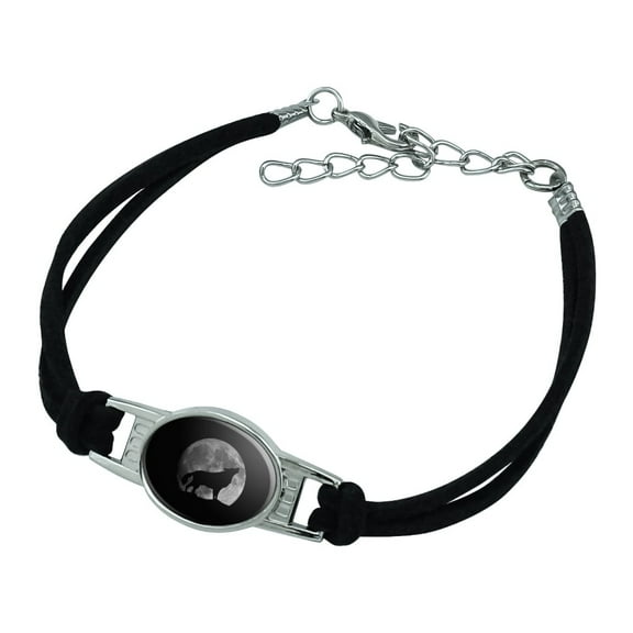 Wolf Howling Moon Silhouette Novelty Suede Leather Metal Bracelet