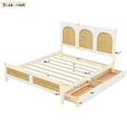 thumbnail image 4 of Queen Size Bed, Wood Storage Platform Bed Frame with 2 Drawers, Rattan Headboard and Footboard, Fashionable Platform Bed with Strong Wooden Slats Support, No Box Spring Needed, White, 4 of 9