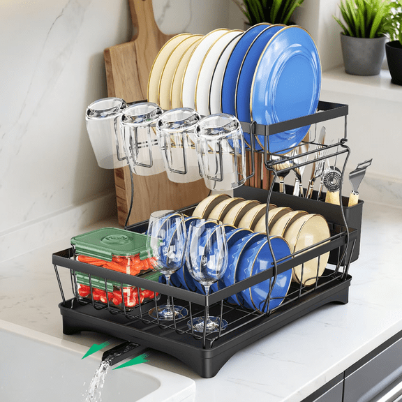 Glovv 2 Tiers Detachable Dish Drying Rack, Collapsible over the Sink Dish Rack, Versatile Racks for Kitchen Counter with Auto Drainage System and Breathable Mesh, Black