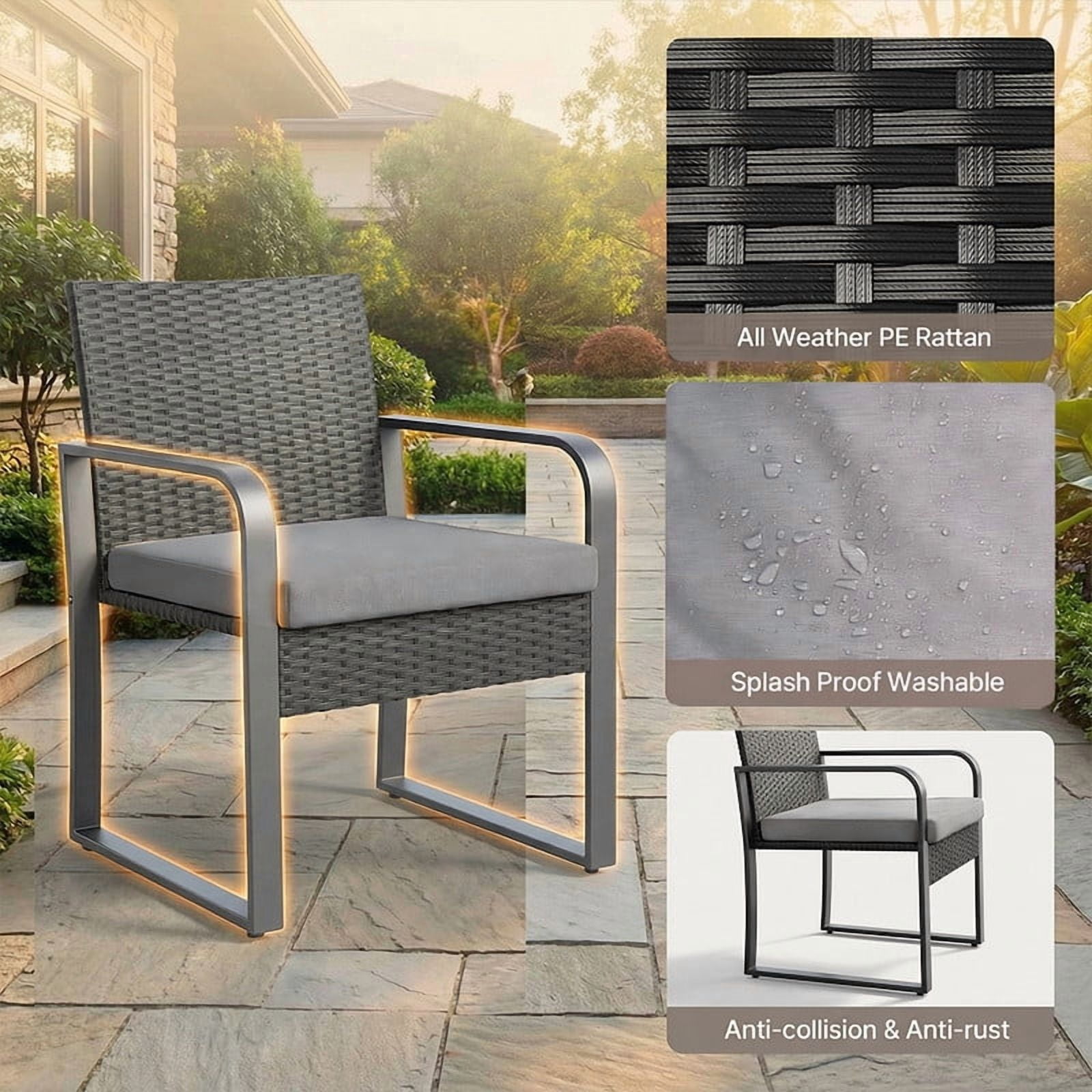 Outdoor 3-Piece Wicker Patio Furniture Set, Weather Resistant Rattan Bistro Chairs with Tempered Glass Coffee Table & Soft Seat Cushions, Gray