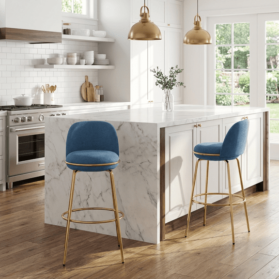 Olurrisa Indoor Metal Upholstered Barstool, Gold Finished Frame and Blue Upholstery, Set of 2
