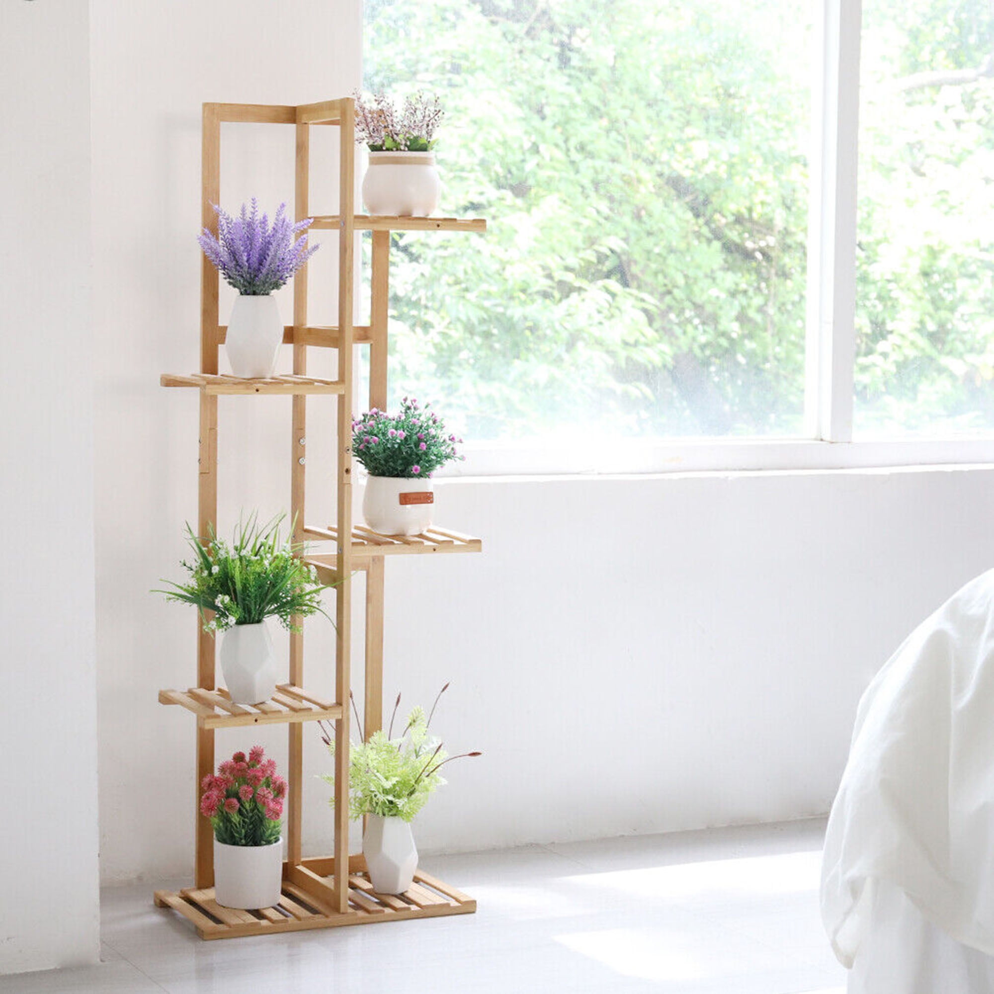 Youloveit 6 Tier Wood Plant Stand Indoor Outdoor Flower Display Rack