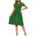 thumbnail image 2 of Stock Limité, Robe d'Été Unie en Dentelle Patchwork Plissée Irrégulière à Manches Courtes Col Rond, Robe Patchwork en Dentelle, Robe Plissée, Robe Irrégulière Confortable et Chaude 100 % Polyester, Vert, 2 of 7