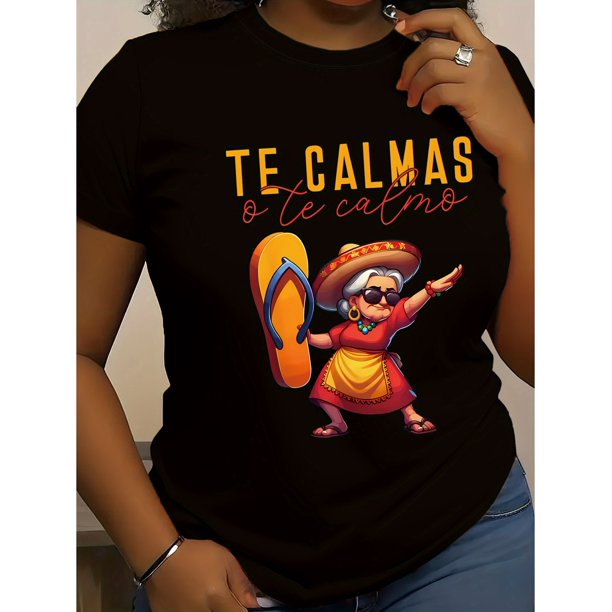 Polyester Knit Fabric Mexican Mama Print T-Shirt for Women - H-Fit, Regular Fit, Casual Short Sleeve Round Neck, Sleeveless Pullover, All-Season Comfort, No Bra Pad - Graphic Print Design