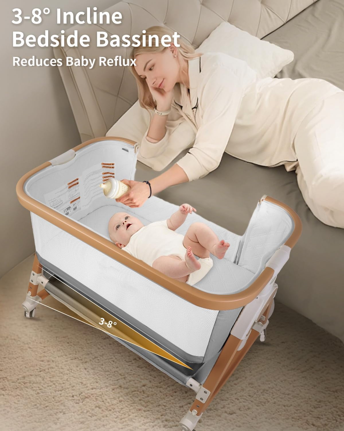 4 in 1 Baby Bassinet Bedside Sleeper W/ Wheels,Storage Basket, Adjustable 7 Heights,Mosquito Net,Breathable Mesh Cradle for Infants Toddler,Grey
