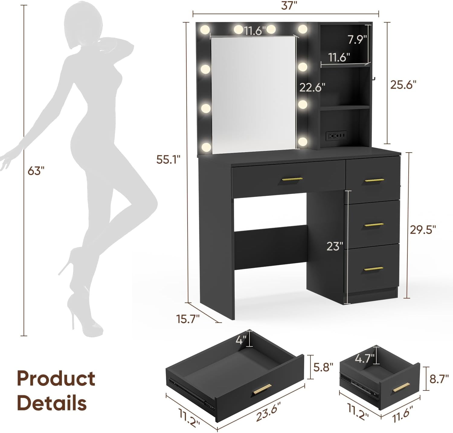Raffle Pinker Vanity Desk Makeup Dressing Table with Mirror and Lights,4 Drawers,Storage Shelves,Power Outlet,Black