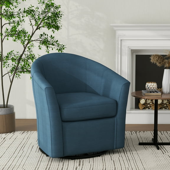 UIXE 360° Swivel Barrel Chair, Swivel Curved Accent Chair Art Deco Style Round Club ArmChair with Upholstered Blue Boucle Seating