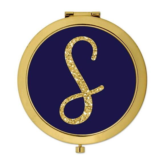 Koyal Wholesale Gold Compact Mirror Bridesmaid's Wedding Gift, Navy Blue | Faux Gold Glitter, Monogram Letter S, 1-Pack