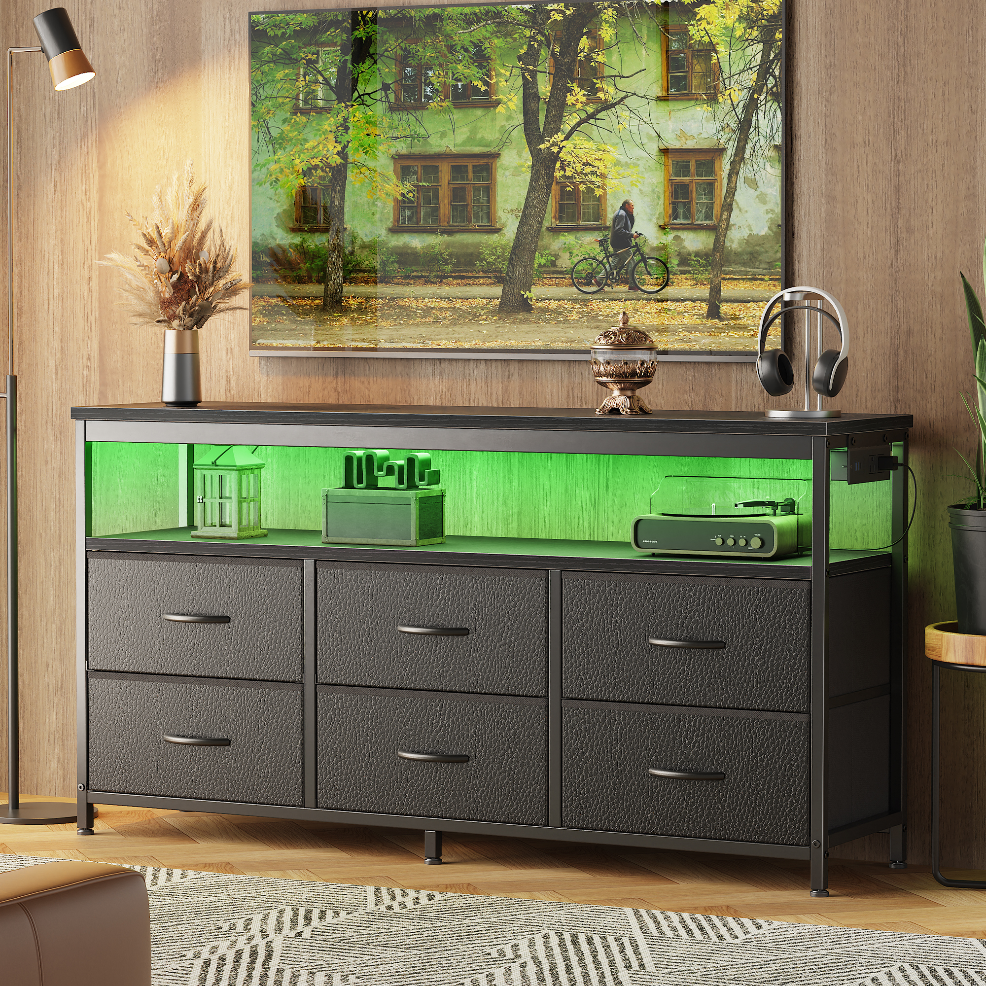 Amadwell LED TV Stand Dresser with 6 Drawers, Black photo 1