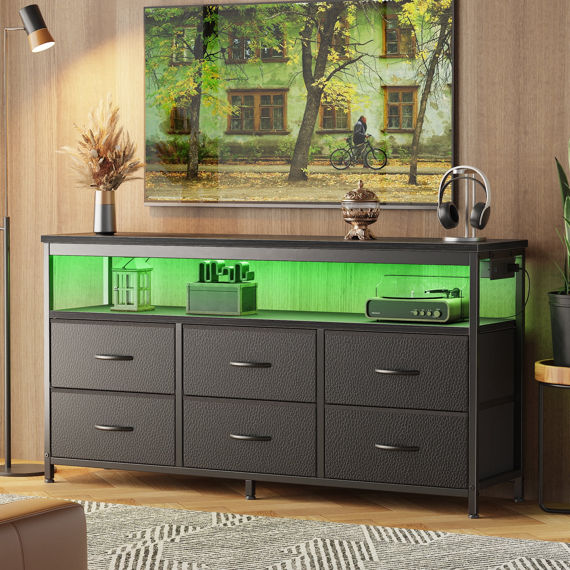 Amadwell LED TV Stand, 47 Inch Fabric Dresser with Built-in Power Outlets, Multi-Functional Entertainment Center Supports TV Up to 55 Inches, 6 Drawer Storage Dresser for Bedroom , Living Room，Black