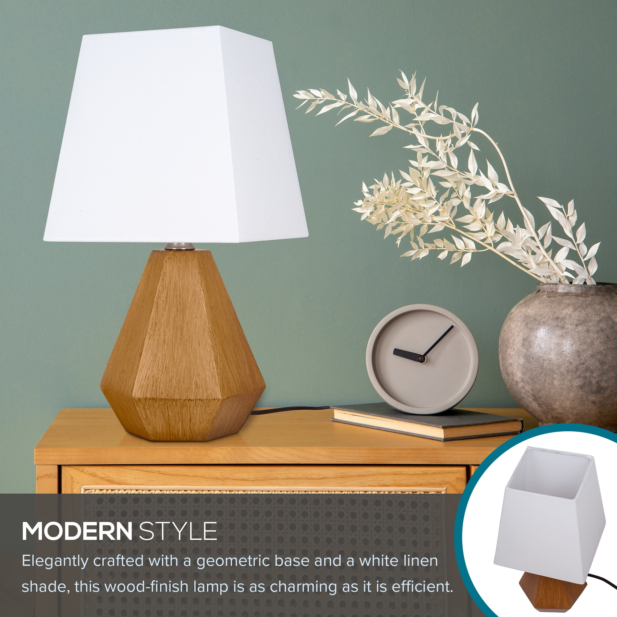 Catalina Lighting Geometric Table Lamp, 13.5 in, Natural Finish Look with White Fabric Shade