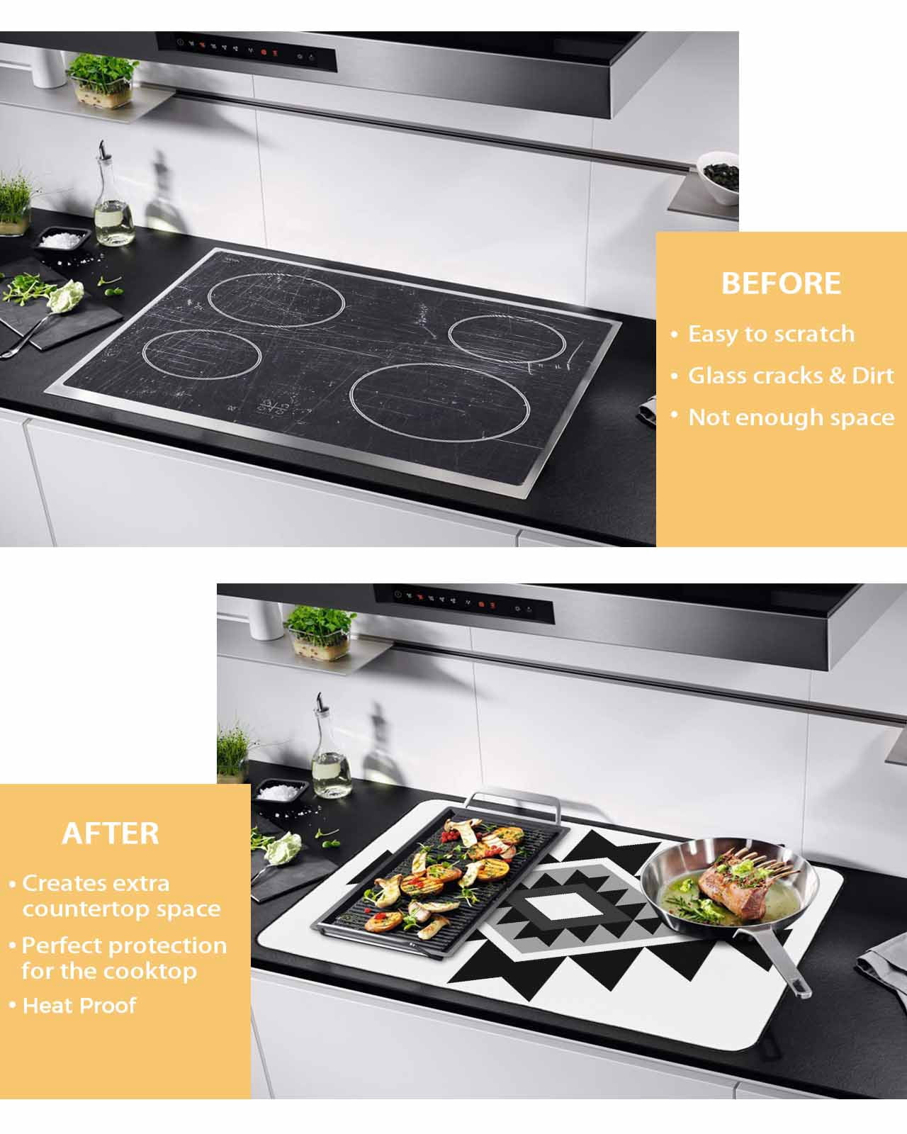 nqOlkjepod Large Induction Cooktop Protector Mat 24"x21", Black Gray Boho Stove Top Covers for Electric Stove, Modern Abstract Geometric Lattice Stove Burner Cover Mats, Glass Top Stove Cover