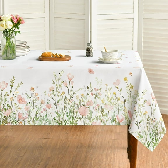 Spring Tablecloth 60×84 Inch Rectangular, Pink Flowers Washable Seasonal Table Cover for Party Picnic Dinner Decor