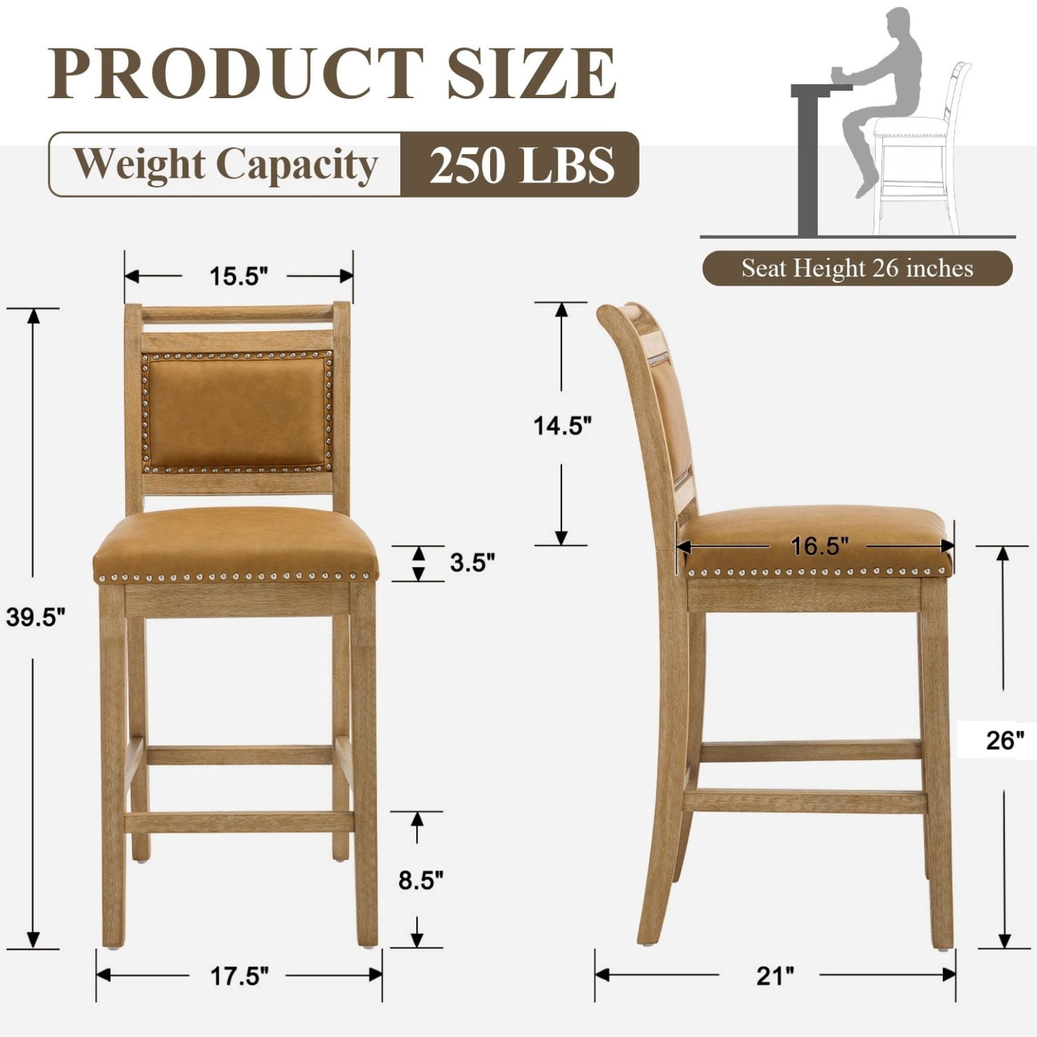 Dayalane 26" Farmhouse Counter Height Bar Stools Set of 2, Rustic French Wooden Barstools with Faux Leather Upholstered , Top Rail Nailhead Breakfast Bar Stool for Bar Kitchen Island Bistro, Brown