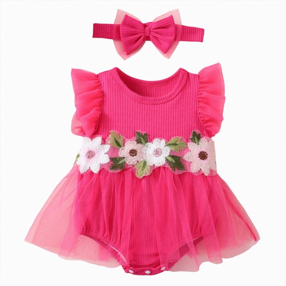KPOPLK Two Piece Newborn Baby Girl Clothes Muslin Bubble Romper Summer Cute Ruffle Short Sleeve Infant Bodysuits Outfit with Headband(9-12 Months,Hot Pink)