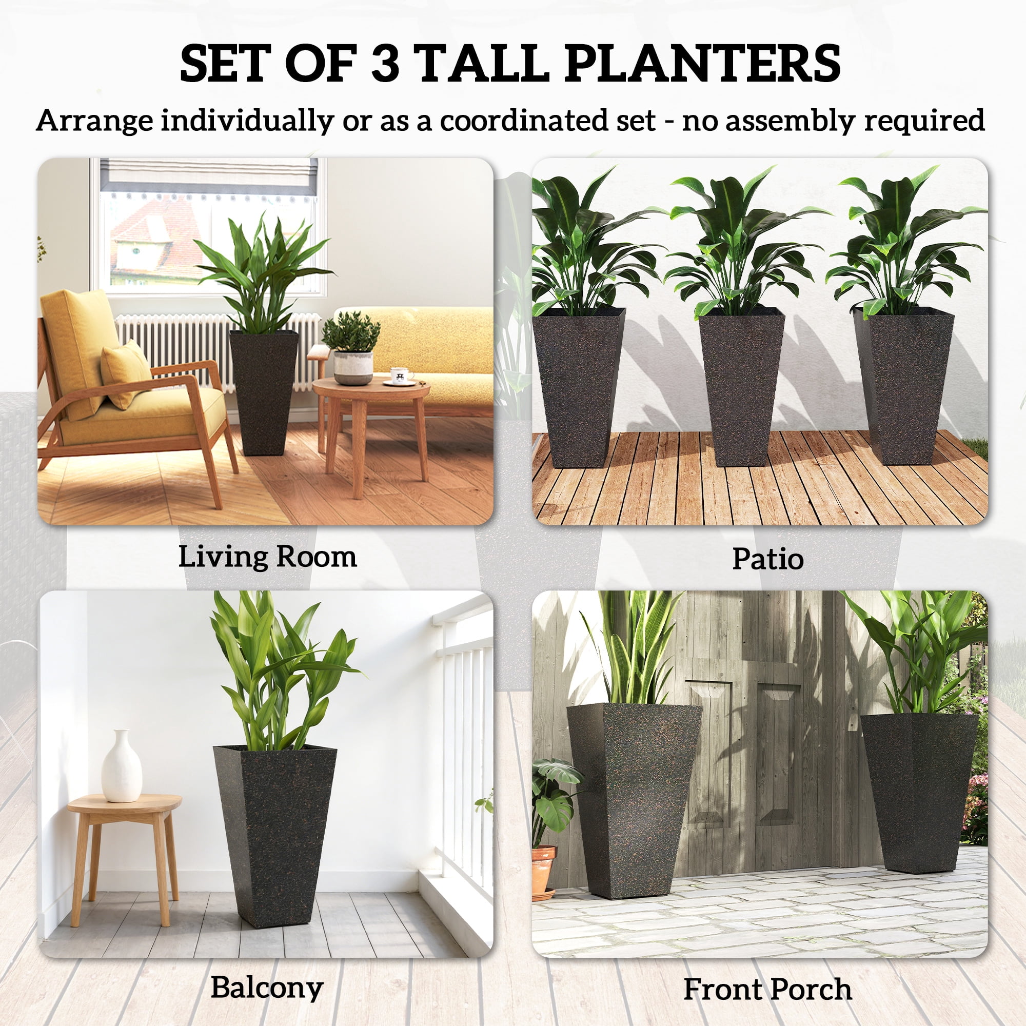 Outsunny 28" Tall Planters, Set of 3 Plastic Flower Pots with Marble Finish and Drainage Holes, Stackable Tapered Outdoor Planters, Brown