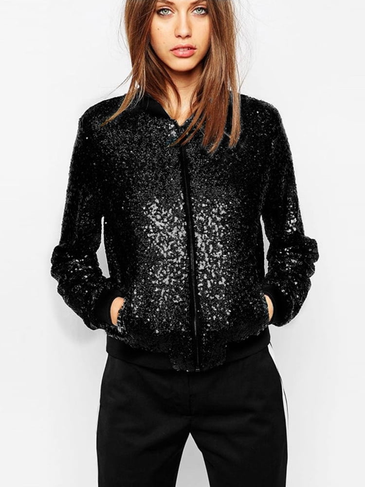 Women Sequin Coat Bomber Jacket Long 