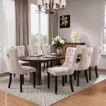 DONICK Velvet Upholstered Dining Chair Set of 8,Modern Tufted Kitchen Chairs Nailhead Lion Pull Ring Black Wood Legs(Beige)