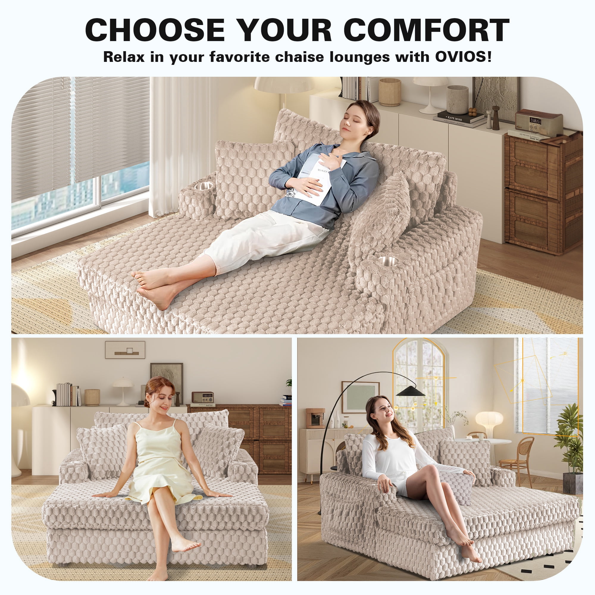 Aukfa 53"W Oversized Chaise Lounge Loveseat Sleeper Sofa with 2 Cup Holders, 3 Pillows, Fluffy Corduroy, Taupe