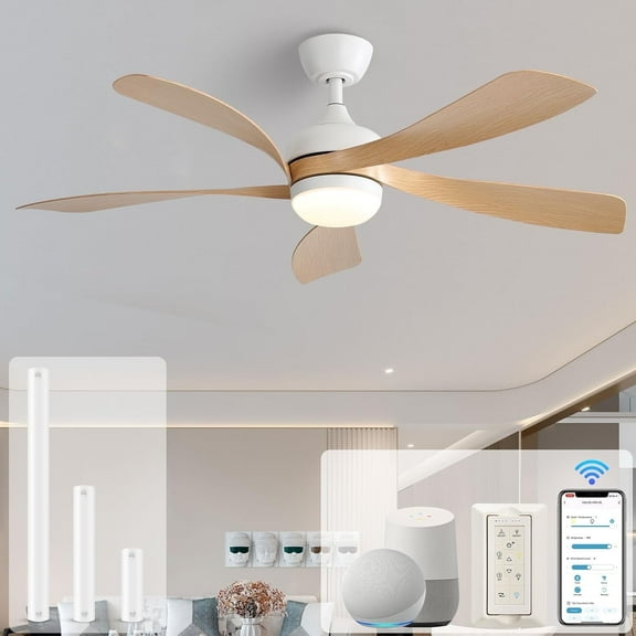 Sofucor 52" Smart Ceiling Fan, Indoor/Outdoor Ceiling Fans with Lights and Remote, Works with Alexa/Google/App, 3-Color Light 6-Speed Timing