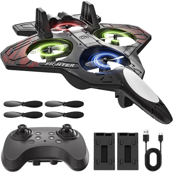 V88 RC Plane for Kids & Adults, Foam Remote Control Airplane Fighter Jet Drone with LED Lights, 2.4GHz, 360° Flip Stunt, Altitude Hold, 2 Batteries, Easy to Fly Toy Gift for Boys & Girls 8-12