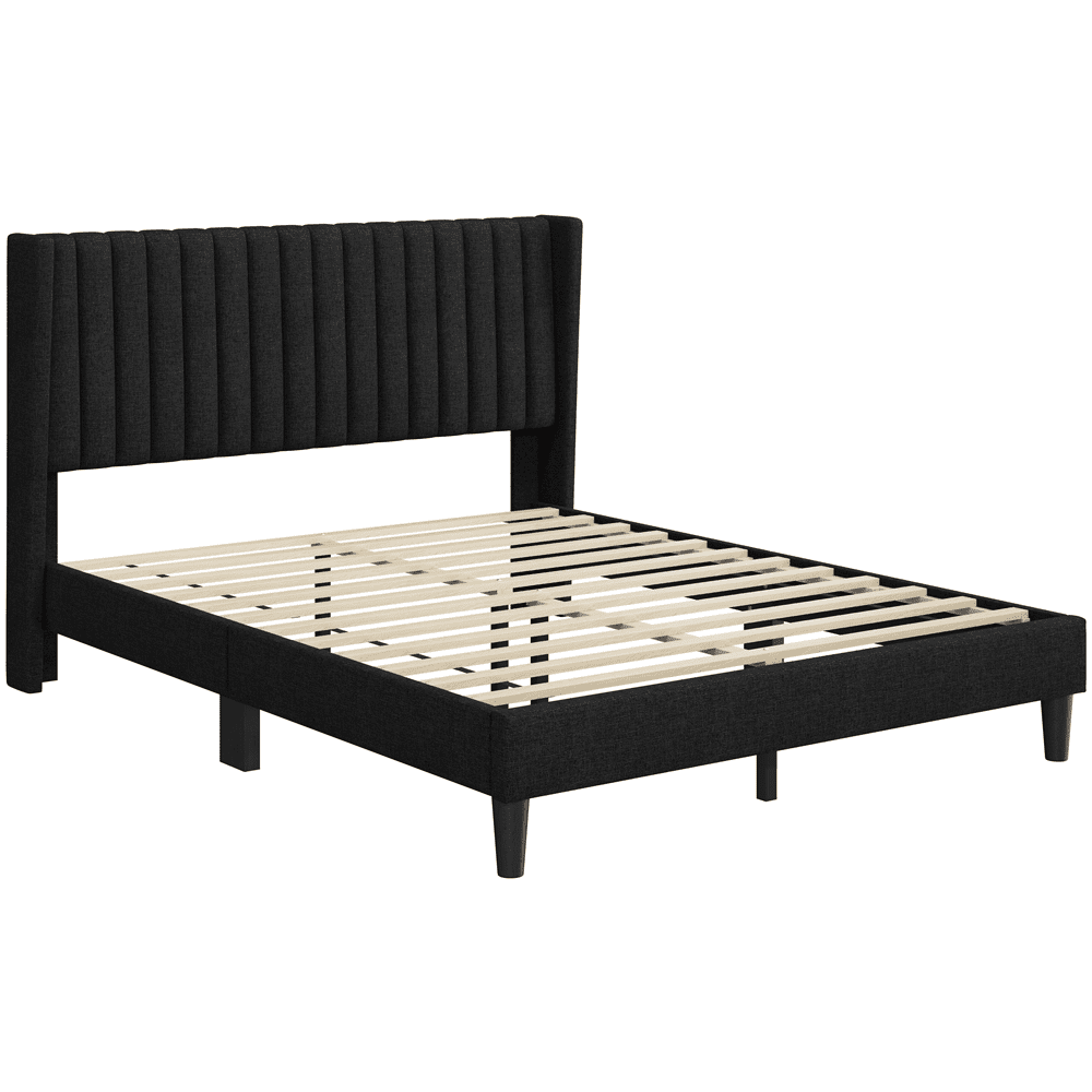 Renwick Upholstered Platform Bed Frame with Wing Side and Channel Tufted Headboard, Queen, Black