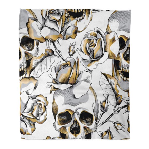 SIDONKU Throw Blanket Warm Cozy Print Flannel Silver Pattern Gold Skull and Rose Flowers on Black Comfortable Soft for Bed Sofa and Couch 58x80 Inches