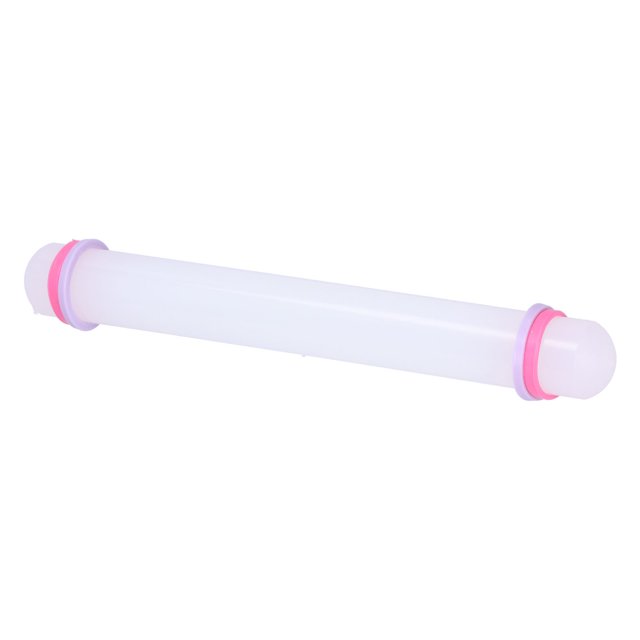 rodillo de amasar mini rodillo de amasar de diseño ergonómico uso cómodo fácil de limpiar para pastelería repostería casera anggrek otros Rodillo mini de plástico PP blanco con anillos rosados en los extremos, vista frontal centrada; cuerpo cilíndrico liso de aprox. 23 x 2.5 cm y 116 g, adecuado para amasar masas, galletas y pastelería en casa; también suele usarse para extender fondant en repostería.