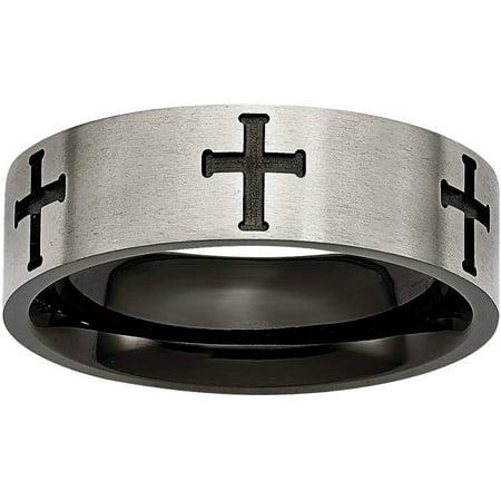 Primal Steel Titanium 7mm Cross Black IP-plated Brushed & Polished Band