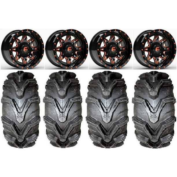 Fuel Lethal Orange 14" Wheels 27" MotoMax Tires Kawasaki Mule Pro FXT
