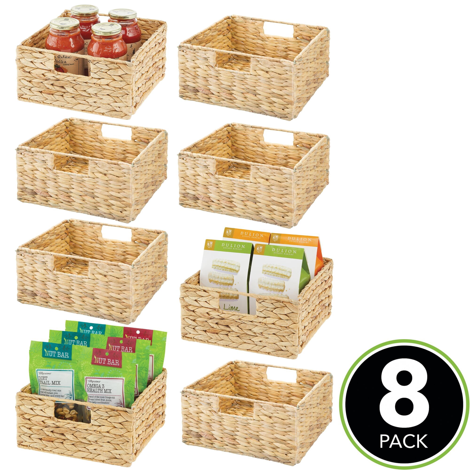 mDesign Woven Hyacinth Kitchen Basket Organizer with Handles - 8 Pack - Natural