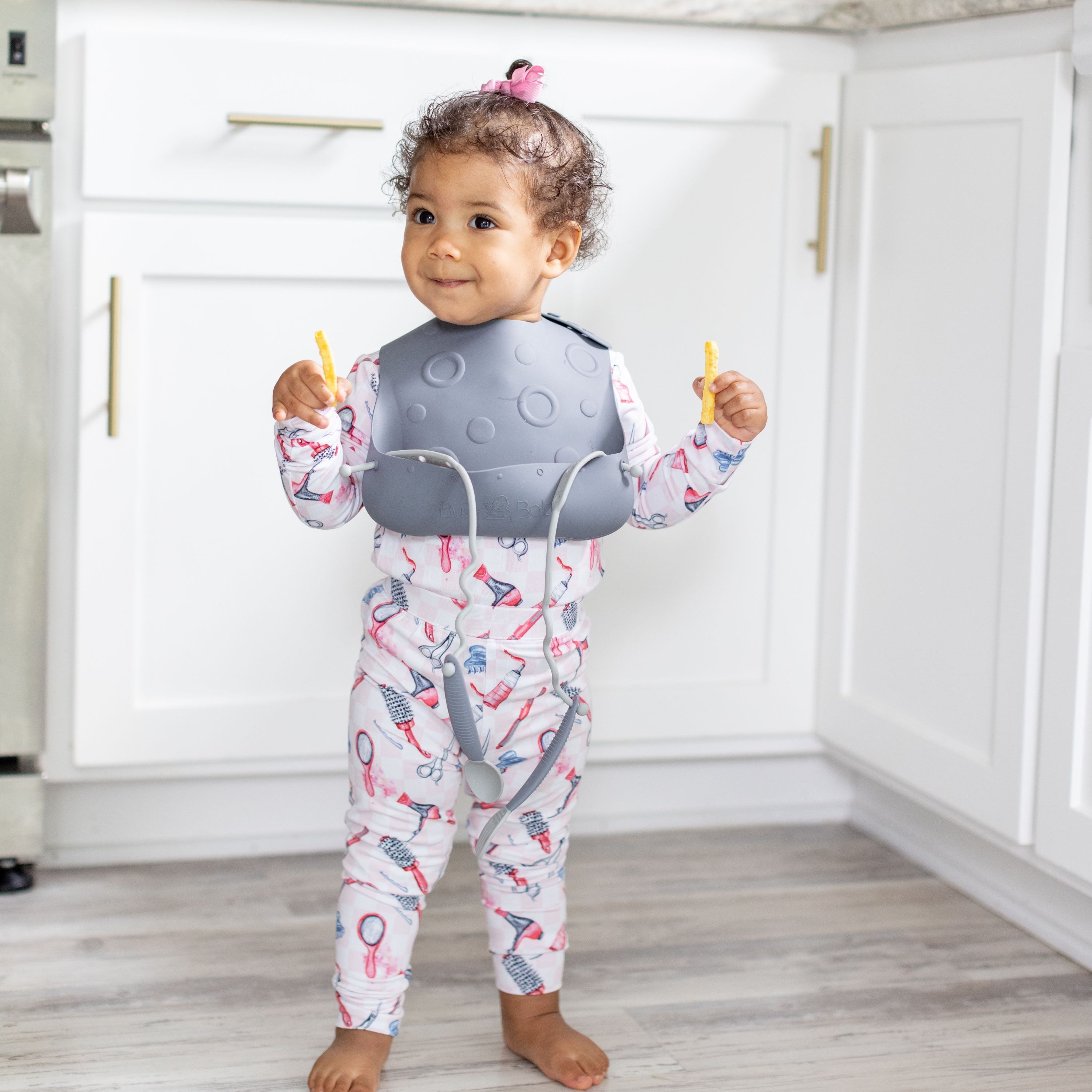 Busy Baby Silicone, BPA-Free Toddler and Baby Bib with Food Catcher, Utensils and Straps, Pewter
