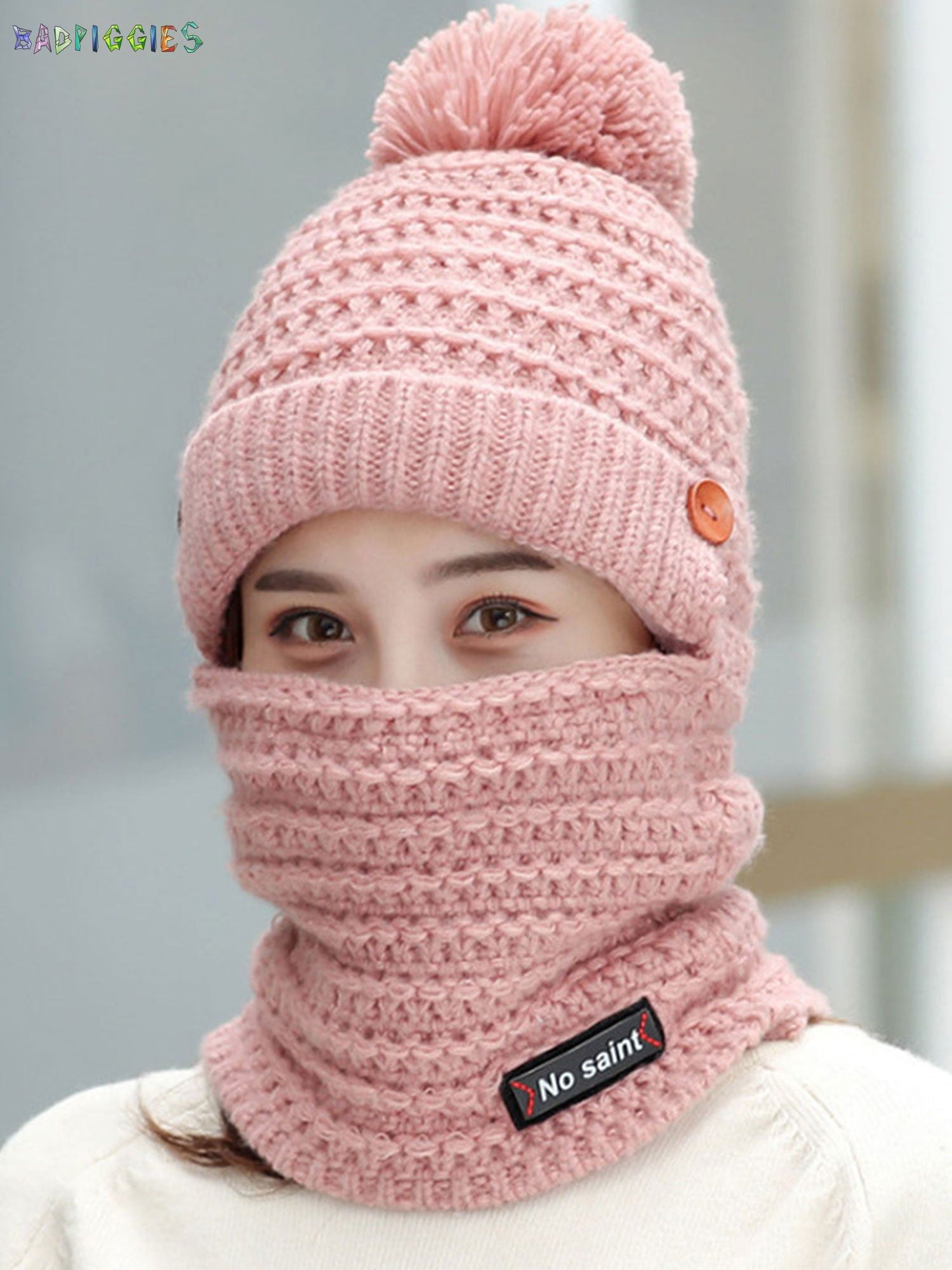 Women Knit 3 Pieces Mask Beanie Caps And Circle Scarf Warm Fleece Hat Set Pink One Size