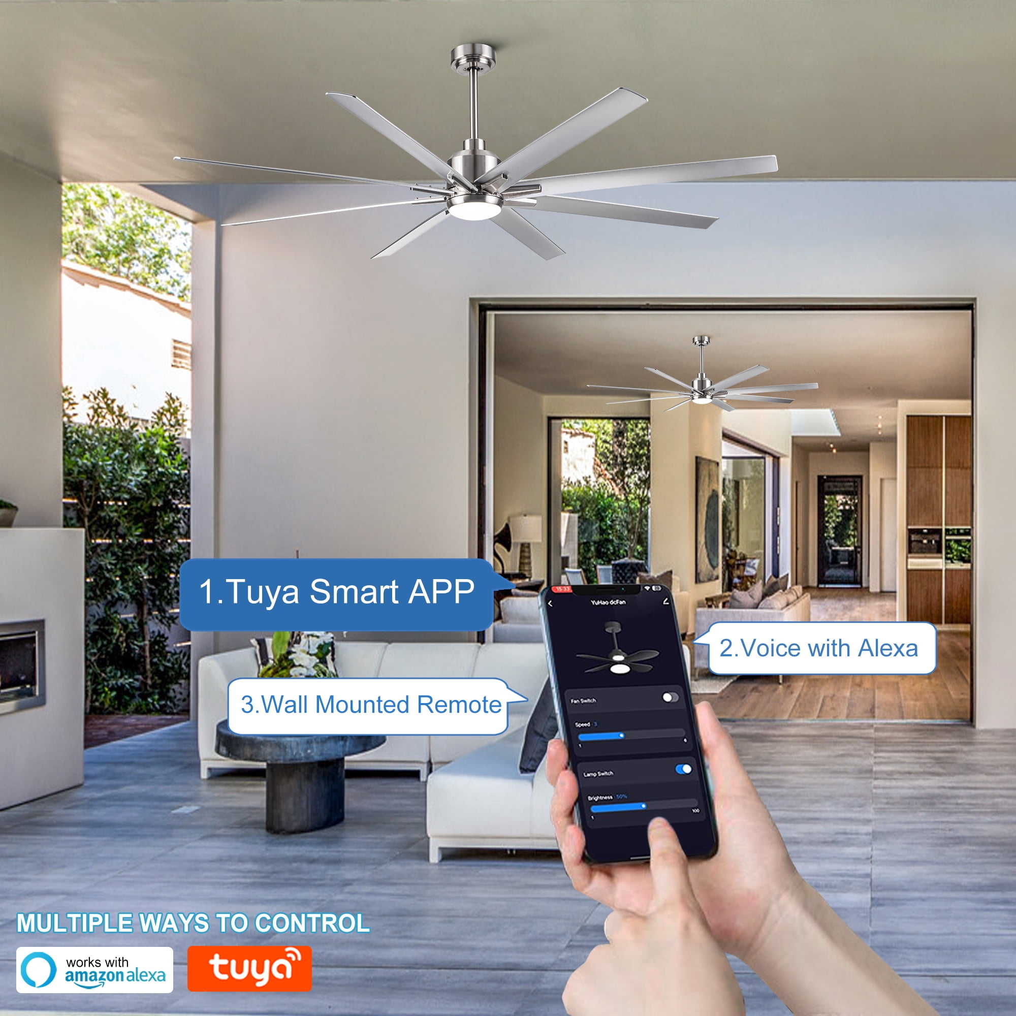 Leumius 72" Ceiling Fan with Lights and Remote, Modern Farmhouse Ceiling Fan with Quiet DC Motor, 6 Speeds, Reversible Blades, Dimmable 3CCT LED Light for Indoor Outdoor Large Room Brushed Nickel