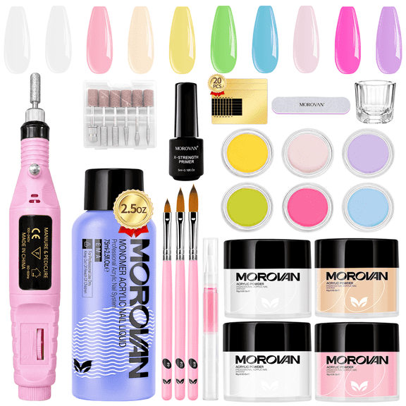 Morovan Acrylic Nail Kit with Drill,Complete Set for Beginners with Clear, White, Pink & Nude Acrylic Powder, Liquid, Brushes & Tools for Home Salon Nail Extensions