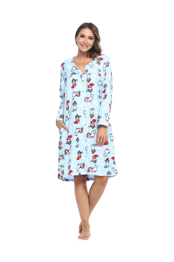 Women's Printed Fleece Snap-Front Lounger House Dress