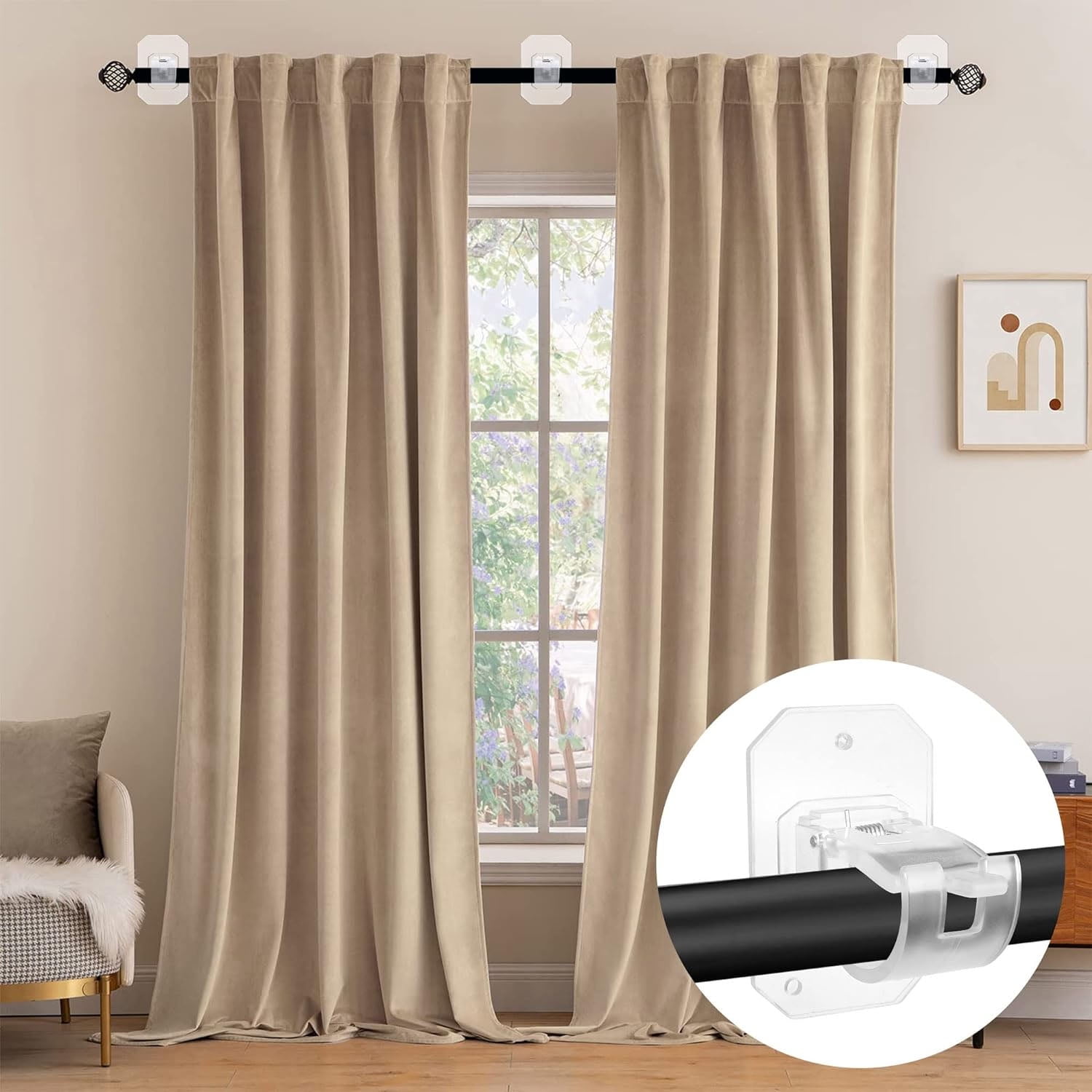 Genreen 8-Pack Self-Adhesive No-Drill Curtain Rod Brackets – Transparent, Nail-Free Adjustable Hooks for Bathroom & Kitchen