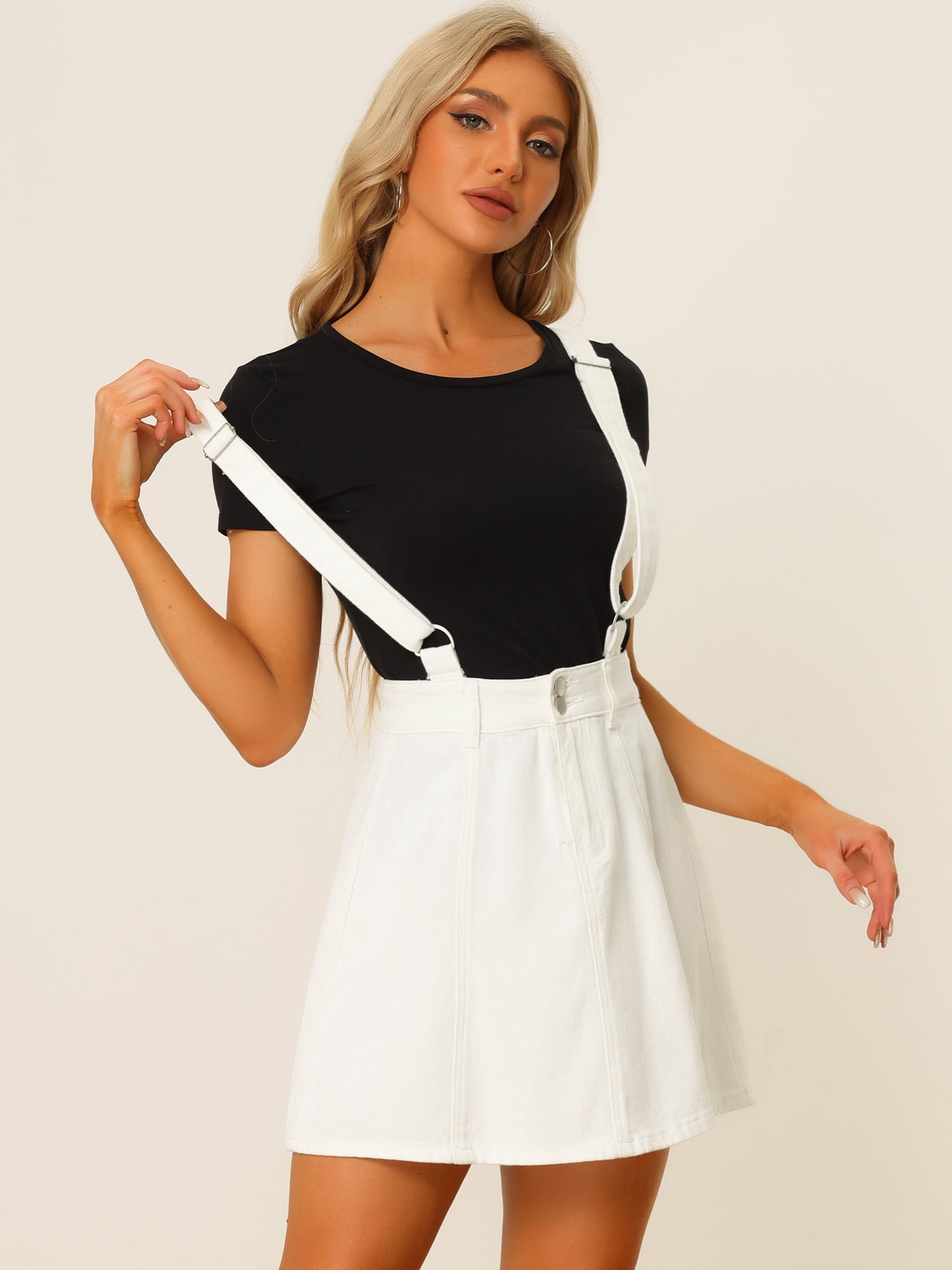 DARING DIVA Women's Button Front A Line Mini Suspender Skirt M White