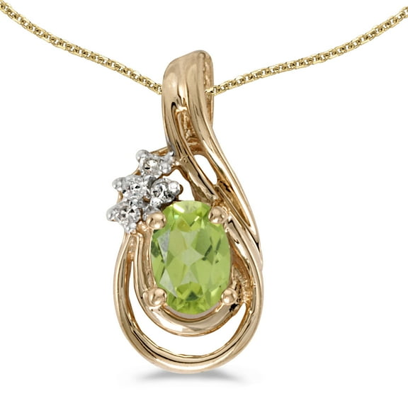 14k Yellow Gold Oval Peridot And Diamond Teardrop Pendant with 18" Chain