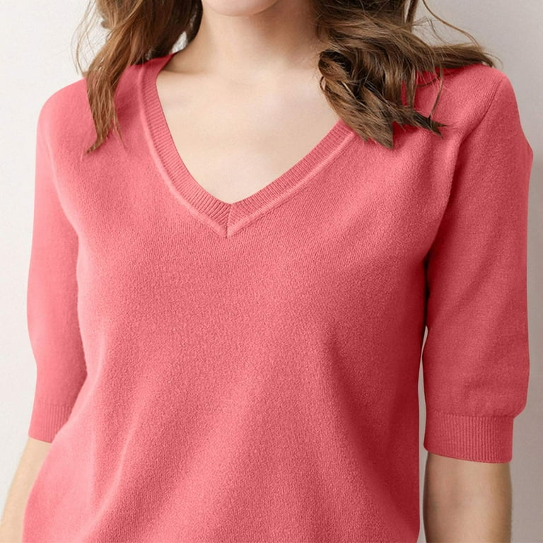 Women's Solid Color V-Neck Knit Top, Casual T-Shirt with Mid