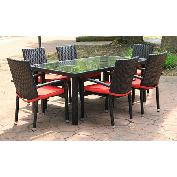 7 Piece Black Resin Wicker Outdoor, Black Wicker Outdoor Furniture With Red Cushions