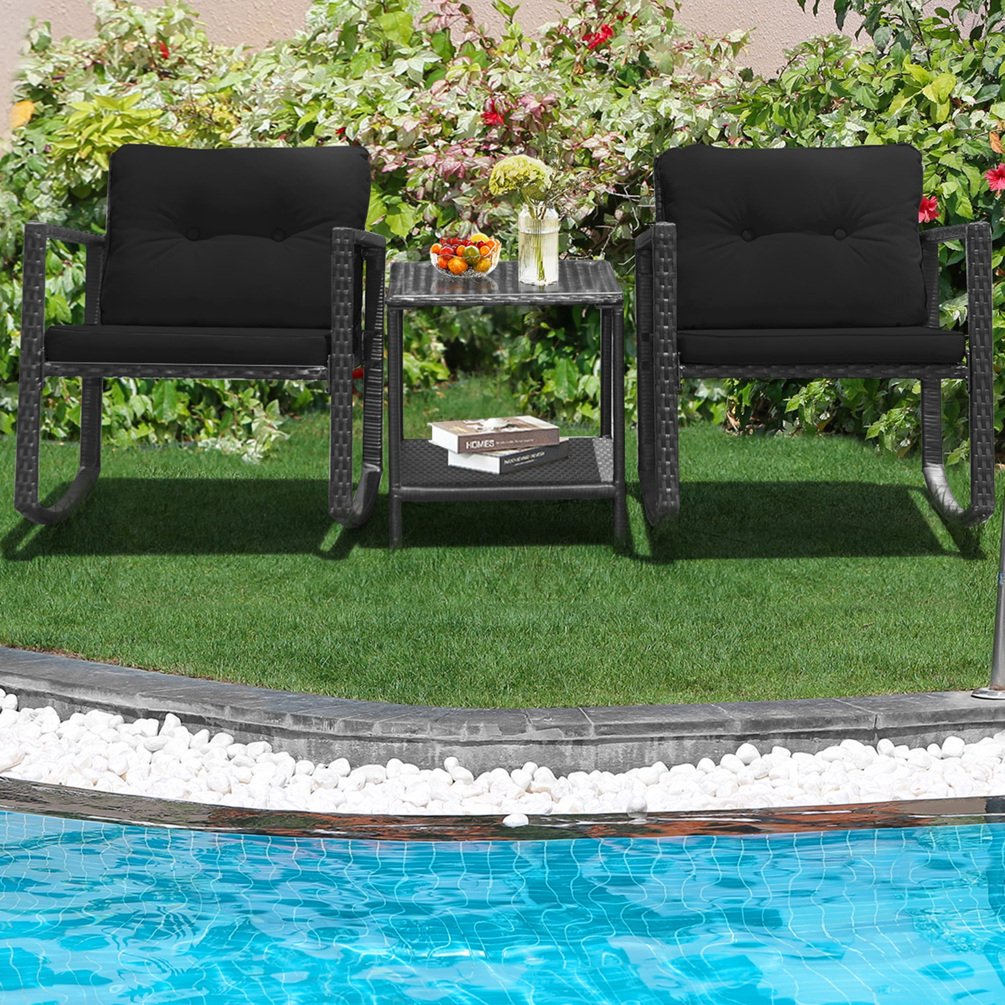 Gymax 3PCS Rattan Rocking Chair Table Set Patio Furniture Set w/ Black Cushions