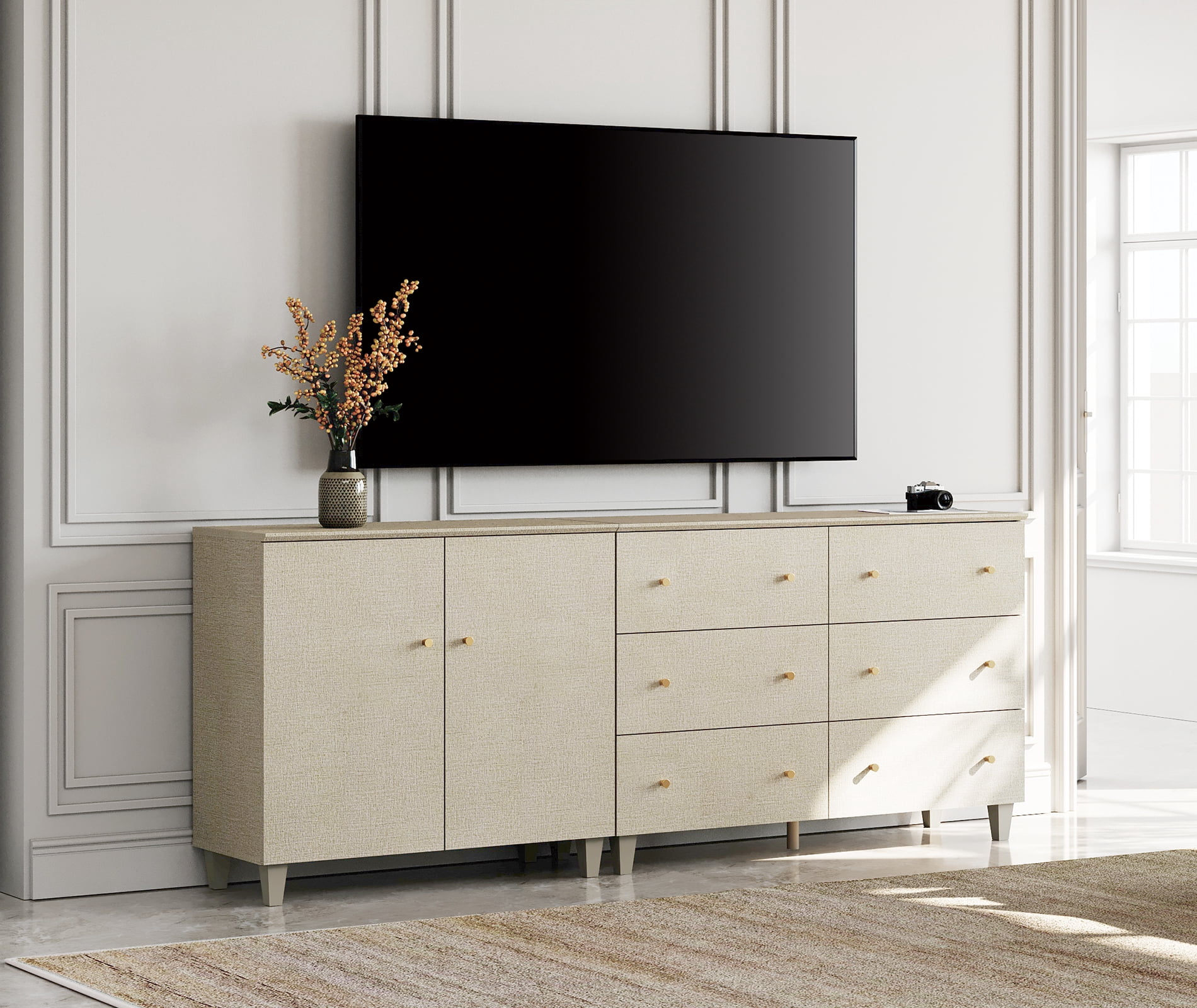 WAMPAT Wide TV Stand for 85+ Inches TVs, 2-in-1 Modern Wooden Media Console with 6 Spacious Drawers and 1 Storage Cabinet for Living Room, Beige