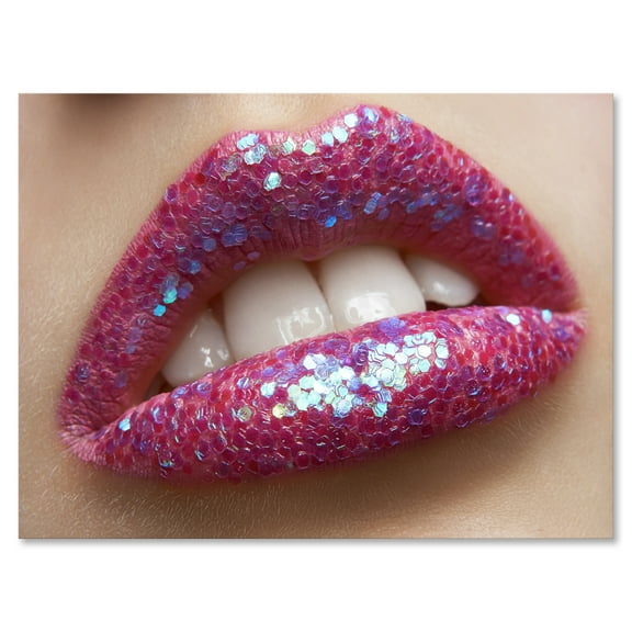 Designart ' Girl Lips Pink Lipstick and Sequins ' Modern Canvas Wall Art Print